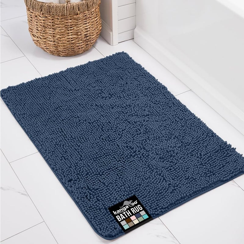 KANGAROO Bathroom Rugs, Chenille Soft Absorbent Bath Rug, Shaggy Shower Mat, Quick Dry Machine Wash Bathmat, Plush Carpet Mats for Tub, Bathtub and Room Home Decor Accessories, 60x24, Navy Blue - Image 1